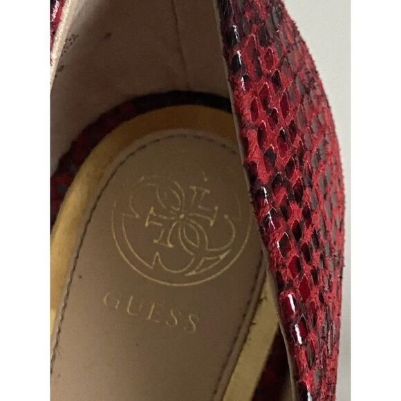 GUESS Red Snake Print High Stiletto Heeled Peep Toe Heels Size 7M Used - Picture 11 of 13
